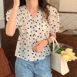 Short-sleeve Heart Print Blouse Black Love Heart - White - One Size