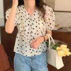 Short-sleeve Heart Print Blouse Black Love Heart - White - One Size