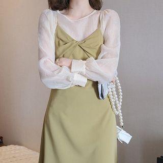 Set: Plain Blouse + Wrap Midi Overall Dress