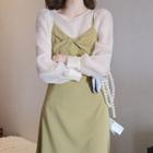 Set: Plain Blouse + Wrap Midi Overall Dress