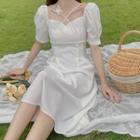 Puff-sleeve Crisscross Midi A-line Dress