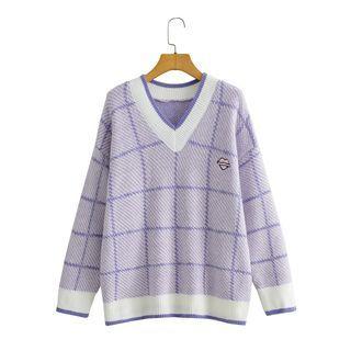 V-neck Plaid Sweater Purple - One Size