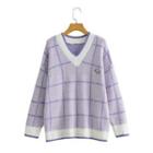 V-neck Plaid Sweater Purple - One Size