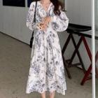 Long Sleeve V-neck Floral Print Midi Sundress