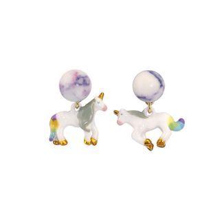 Fashion Cute Plated Gold Enamel Unicorn Round Bead Stud Earrings Golden - One Size