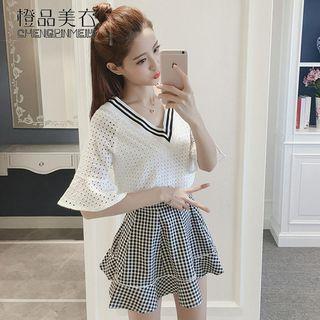 Set: V-neck Bell-sleeve Mesh Blouse + Gingham Flared Skirt