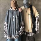 Couple Matching Mock Two-piece Plaid Hooded Long-sleeve T-shirt