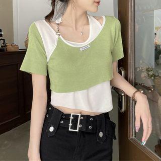 Mock Two-piece Short-sleeve Top Green - One Size