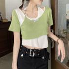 Mock Two-piece Short-sleeve Top Green - One Size