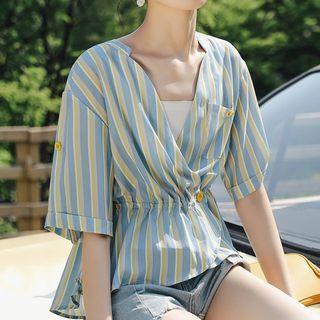 Striped Short-sleeve Ruffle Hem Chiffon Blouse