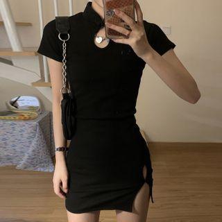 Mandarin Collar Short-sleeve Mini Sheath Dress As Shown In Figure - One Size