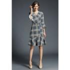 Plaid V-neck 3/4-sleeve A-line Dress