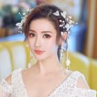Set: Wedding Flower Headpiece + Dangle Earring Set Of 4 - 1 Pair - Headpiece & 1 Pair - Clip On Earring - White & Gold - One Size