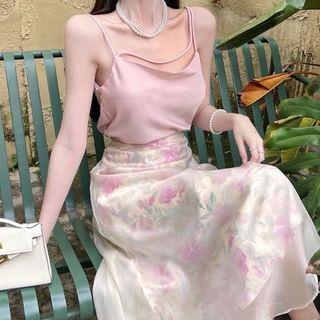 Strappy Camisole Top / Floral Midi A-line Skirt