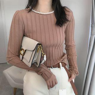 Faux Pearl Ribbed Knit Top