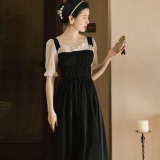 Long-sleeve Two-tone Midi A-line Dress / Short-sleeve Midi A-line Dress