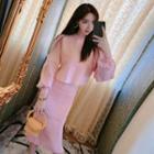 Set: Lantern-sleeve Knit Top + Spaghetti Strap Midi Knit Dress
