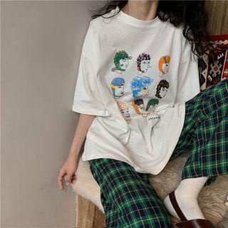 Elbow-sleeve Printed T-shirt / Plaid Wide Leg Pants
