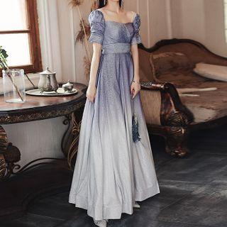 Short-sleeve Ombre Glitter A-line Evening Gown
