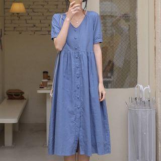 Short-sleeve V-neck Button-front Midi Dress