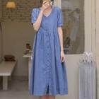 Short-sleeve V-neck Button-front Midi Dress