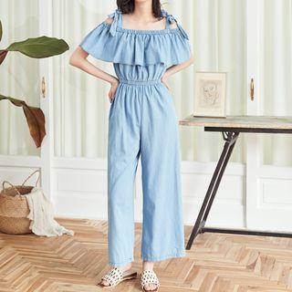 Tie-strap Ruffle-detail Denim Jumpsuit