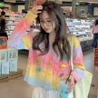 Long-sleeve Rainbow Flower Applique Button-up Cardigan Gradient - Rainbow - One Size