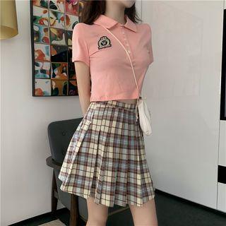 Embroidered Short-sleeve Cropped Polo Shirt / Checked Mini A-line Skirt