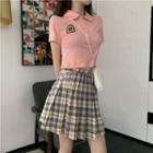 Embroidered Short-sleeve Cropped Polo Shirt / Checked Mini A-line Skirt