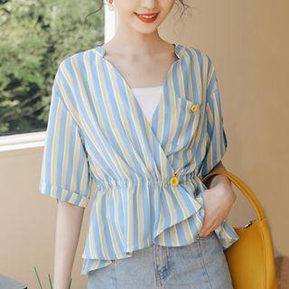 Elbow-sleeve Striped Chiffon Wrap Top