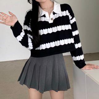 Long-sleeve Pattern Polo Knit Top / Pleated Mini A-line Skirt