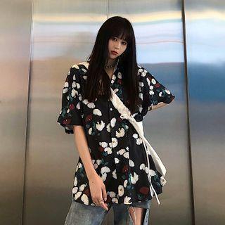 Short-sleeve Floral Printed Shirt Black - One Size