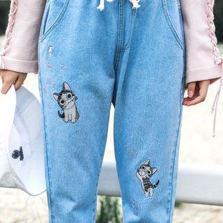Cartoon Embroidered Elastic-waist Cropped Straight-leg Jeans