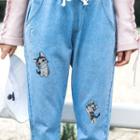 Cartoon Embroidered Elastic-waist Cropped Straight-leg Jeans
