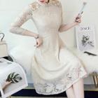 Long-sleeve Mandarin Collar A-line Lace Dress