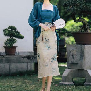 Set: Puff-sleeve Light Jacket + Strapless Top + Floral Pencil Skirt