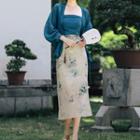 Set: Puff-sleeve Light Jacket + Strapless Top + Floral Pencil Skirt