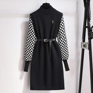 Plaid Panel Mock-neck Sweater Dress