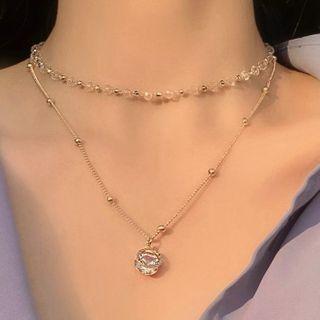 Rhinestone Pendant Layered Choker Necklace 0766a - Necklace - Gold - One Size