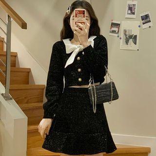 Long-sleeve Cropped Bow Blouse / Mini Mermaid Skirt