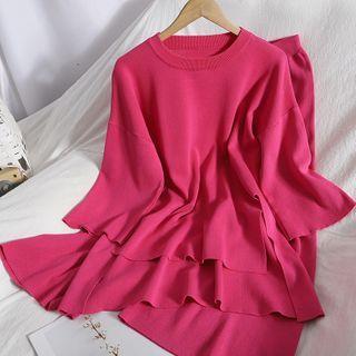Set: Long-sleeve Top + Knit Wide Leg Pants