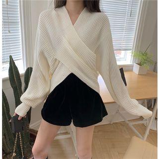 V-neck Cross Strap Ribbed Sweater