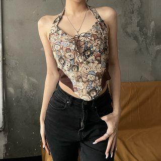 Halter Bear Print Lace-up Camisole Top