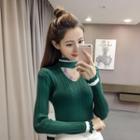 Embroidered Mesh Panel Long Sleeve Knit Top