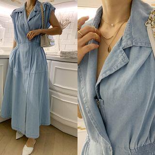 Cap-sleeve Smocked-waist Denim Dress Light Blue - One Size