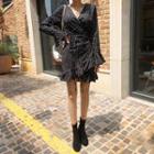 Bell-cuff Frill-hem Dotted Wrap Dress