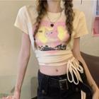 Cat Print Tie-strap Cropped T-shirt Yellow - One Size