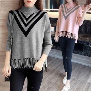 Chevron Fringed Mock-neck Knit Top