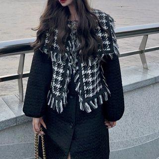 Long-sleeve Plain Coat / Plaid Vest