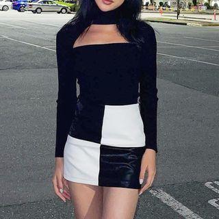 Long-sleeve Cut-out Check Mini Sheath Dress
